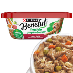 Beneful estofado de carne con guisantes y zanahorias para perros adultos.