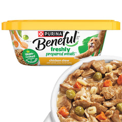 Beneful estofado de pollo con arroz y zanahorias: trozos jugosos para perros adultos.