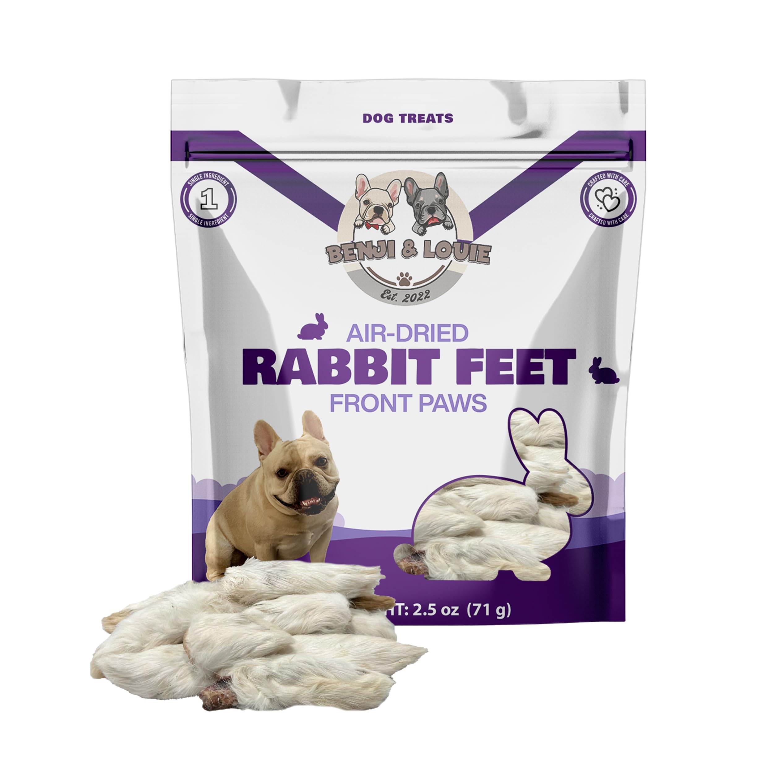 Benji & Louie: patas frontal de conejo con pelo, ideal para recompensa de entrenamiento.