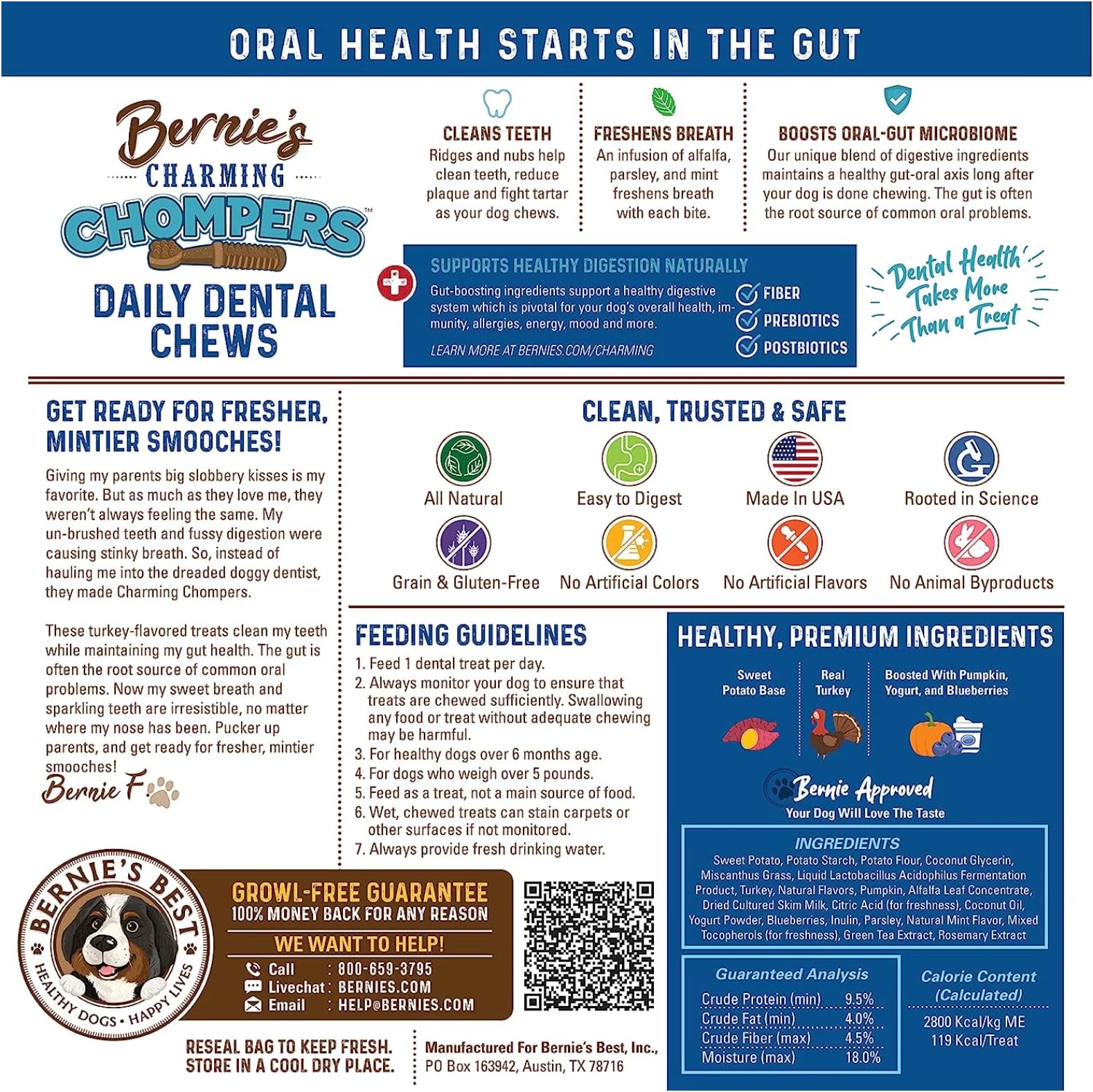 Bernie's Charming Chompers usa ingredientes naturales: pavo, calabaza y batata