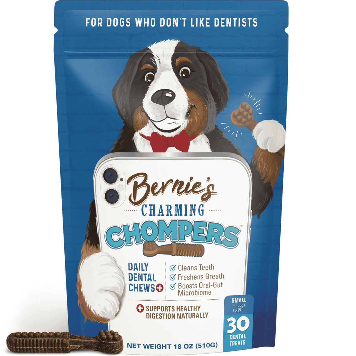 Bernie's Charming Chompers masticables dentales para limpieza diaria de dientes de perros.