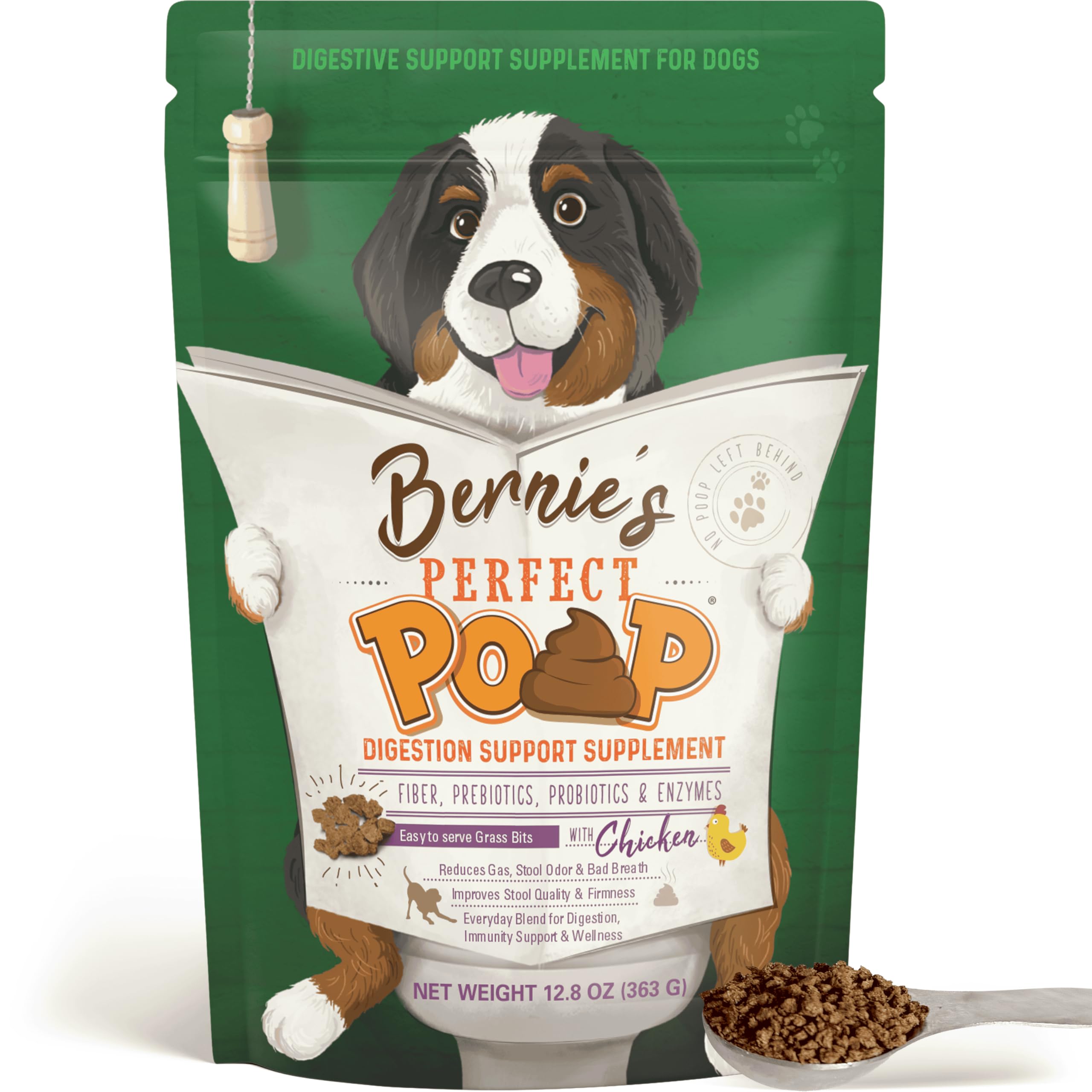 Bernie's Digestión perfecta para perros, frasco visible que apoya digestión equilibrada.