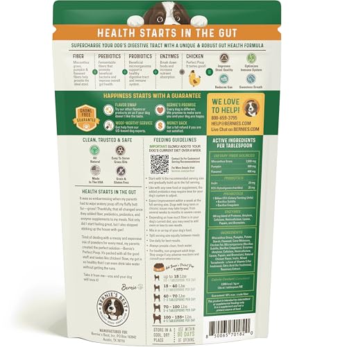 Bernie's Fibras digestivas para perros, trozos visibles que favorecen heces más firmes.