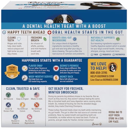 Bernies masticables dentales, 24 unidades, aliento más fresco para perros grandes.