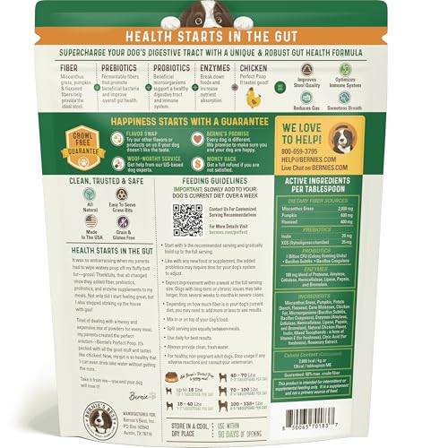 Bernie's Perfect Poop, ingredientes digestivos visibles para la salud intestinal.