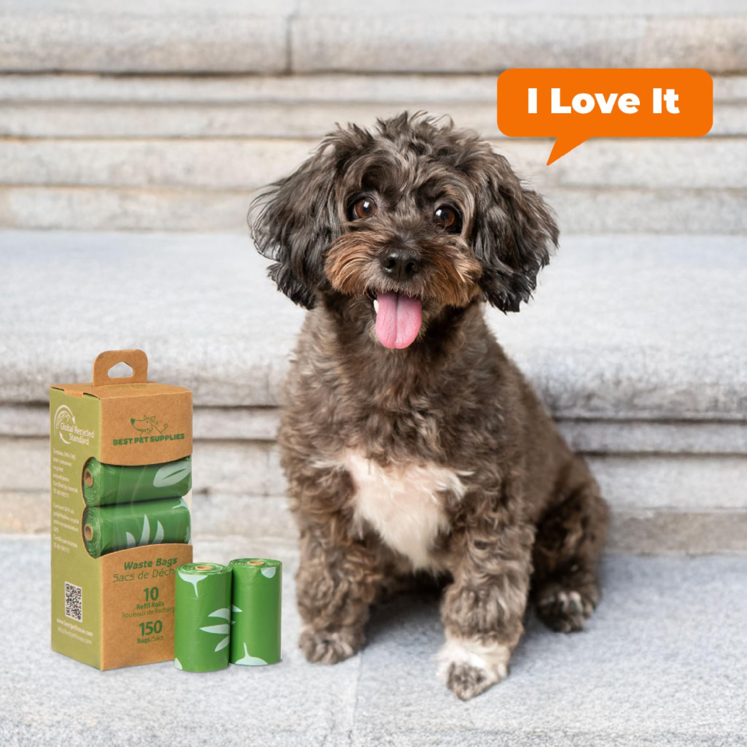 Best Pet Supplies, bolsas ecológicas recubiertas, enfoque: material reciclado para consciencia ambiental.