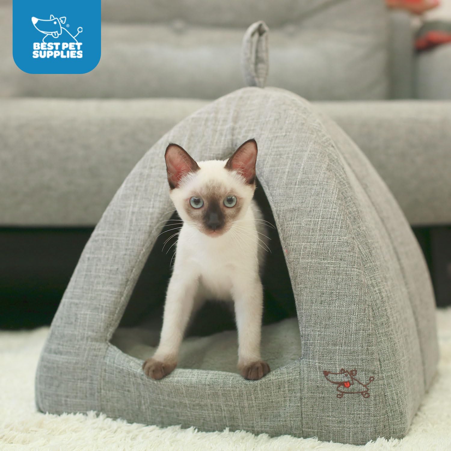 Best Pet Supplies cama gato hogar interior gris lino, diseño elegante.