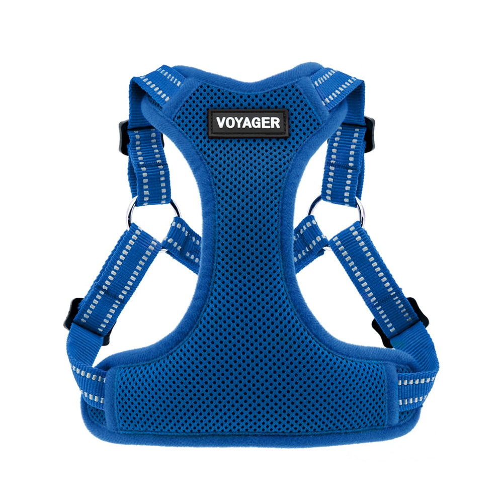 Arnés Voyager de Best Pet Supplies, paso-entrada y malla azul para paseos cómodos.