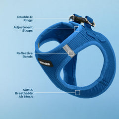 Fermeture par velcro et sécurité renforcée par boucle et doubles anneaux.