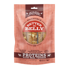Better Belly Proteins venison rolls pack; highly digestible chew for dogs.