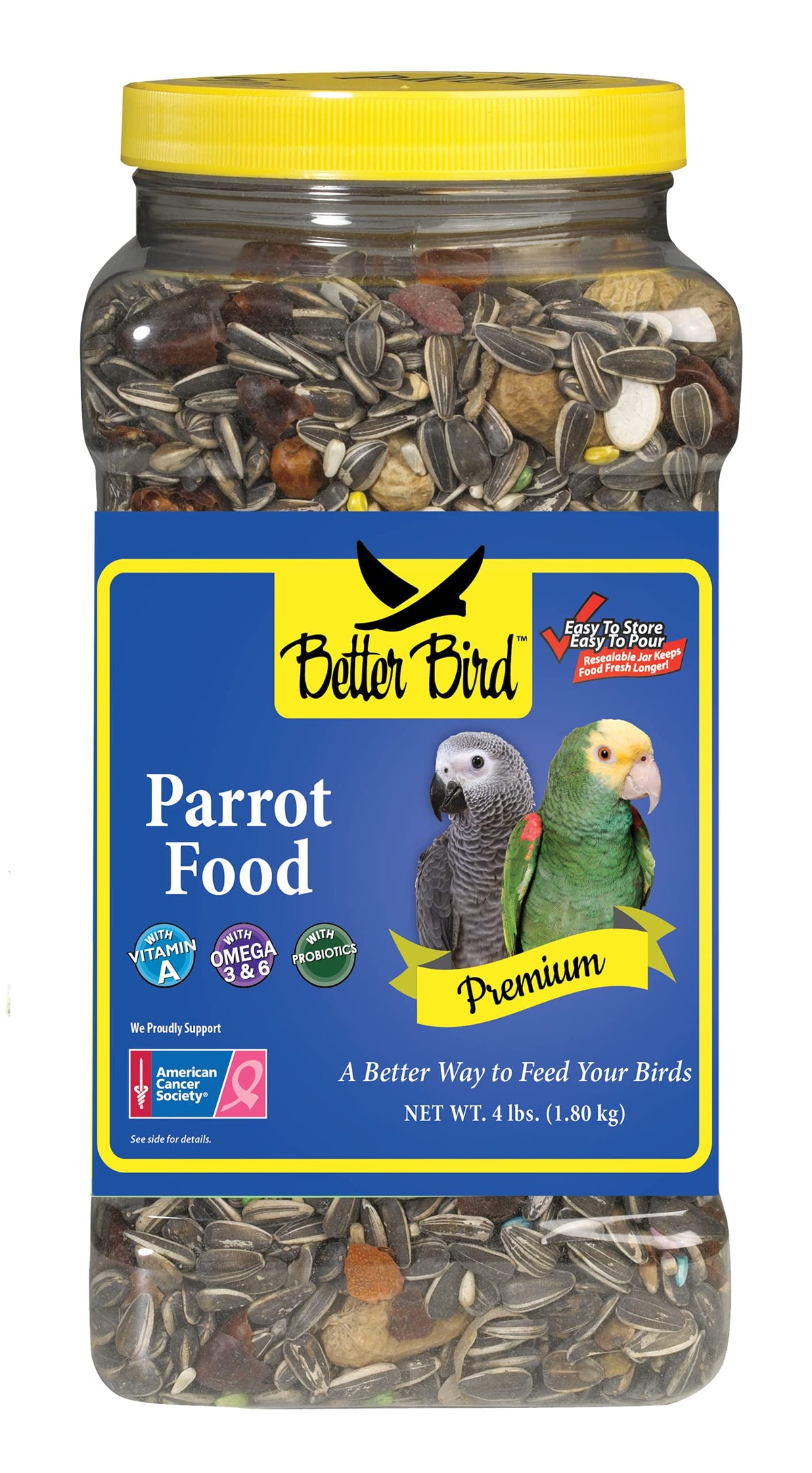 Frasco Better Bird Alimento Premium para loros, envase de 4 libras para uso diario.
