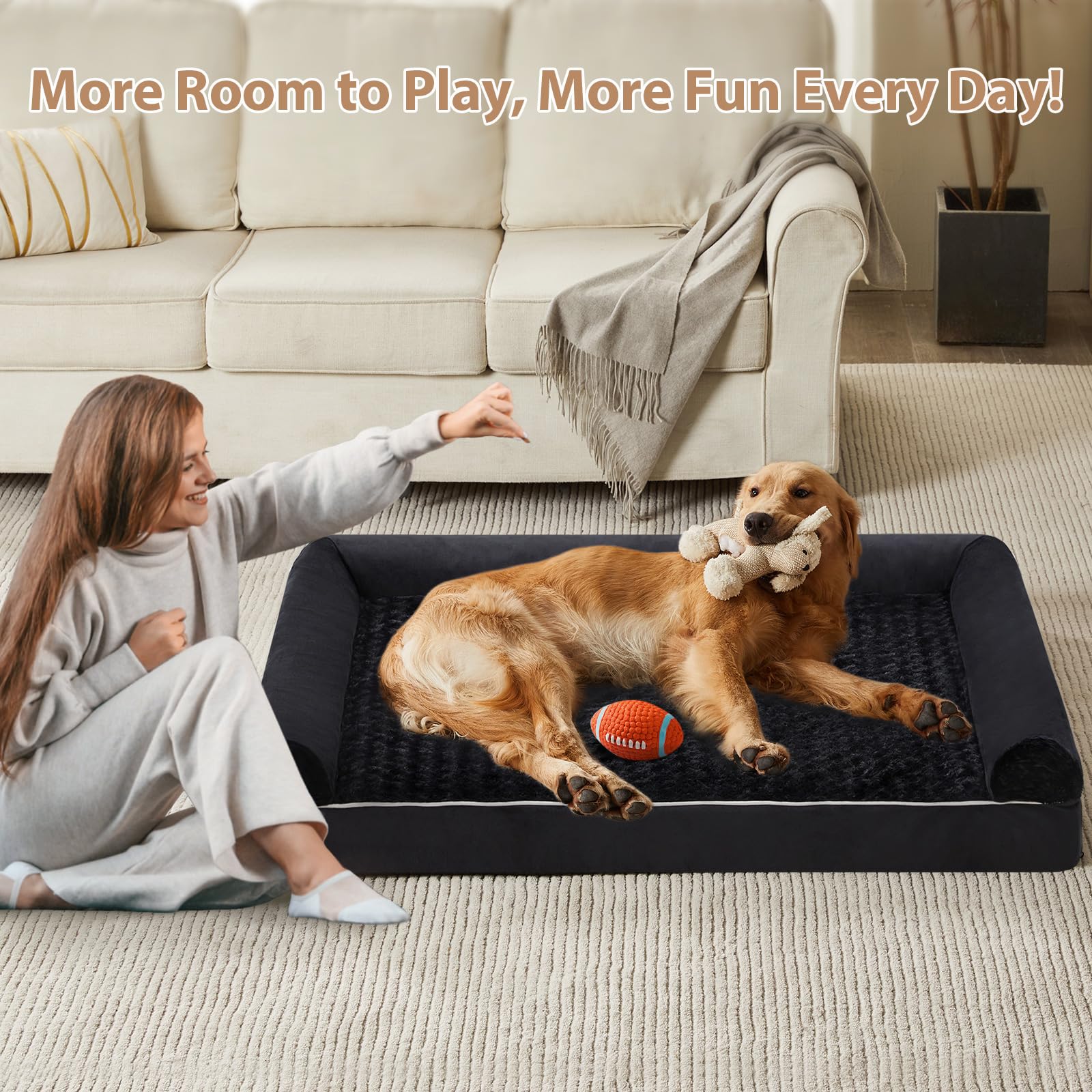 Diseño en forma de U para cama de perros grandes con reposacabezas extra y seguridad.