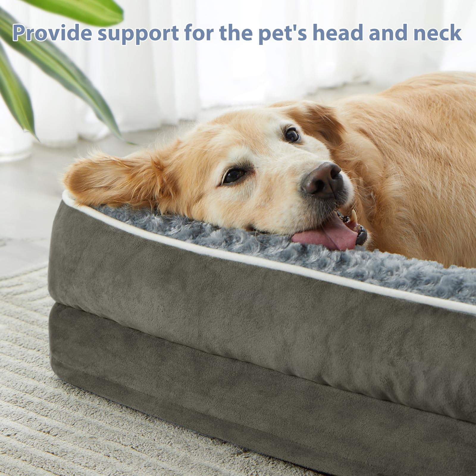 Cama en L BFPETHOME para perros grandes con soporte de cabeza.