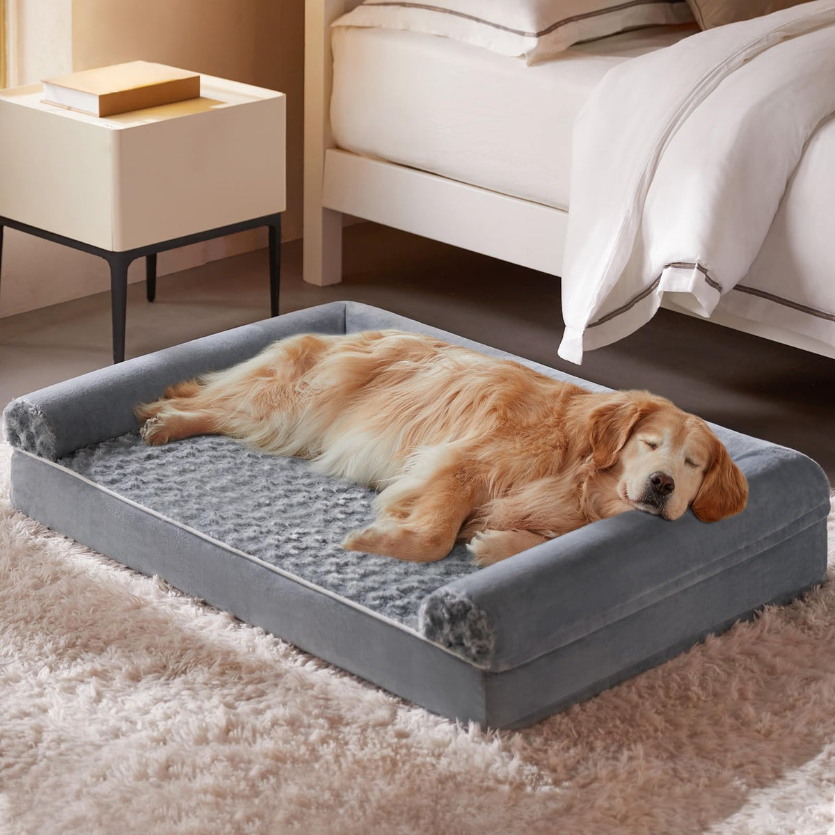 Cama BFPETHOME para perros grandes con patrón rosa plush, descanso suave.