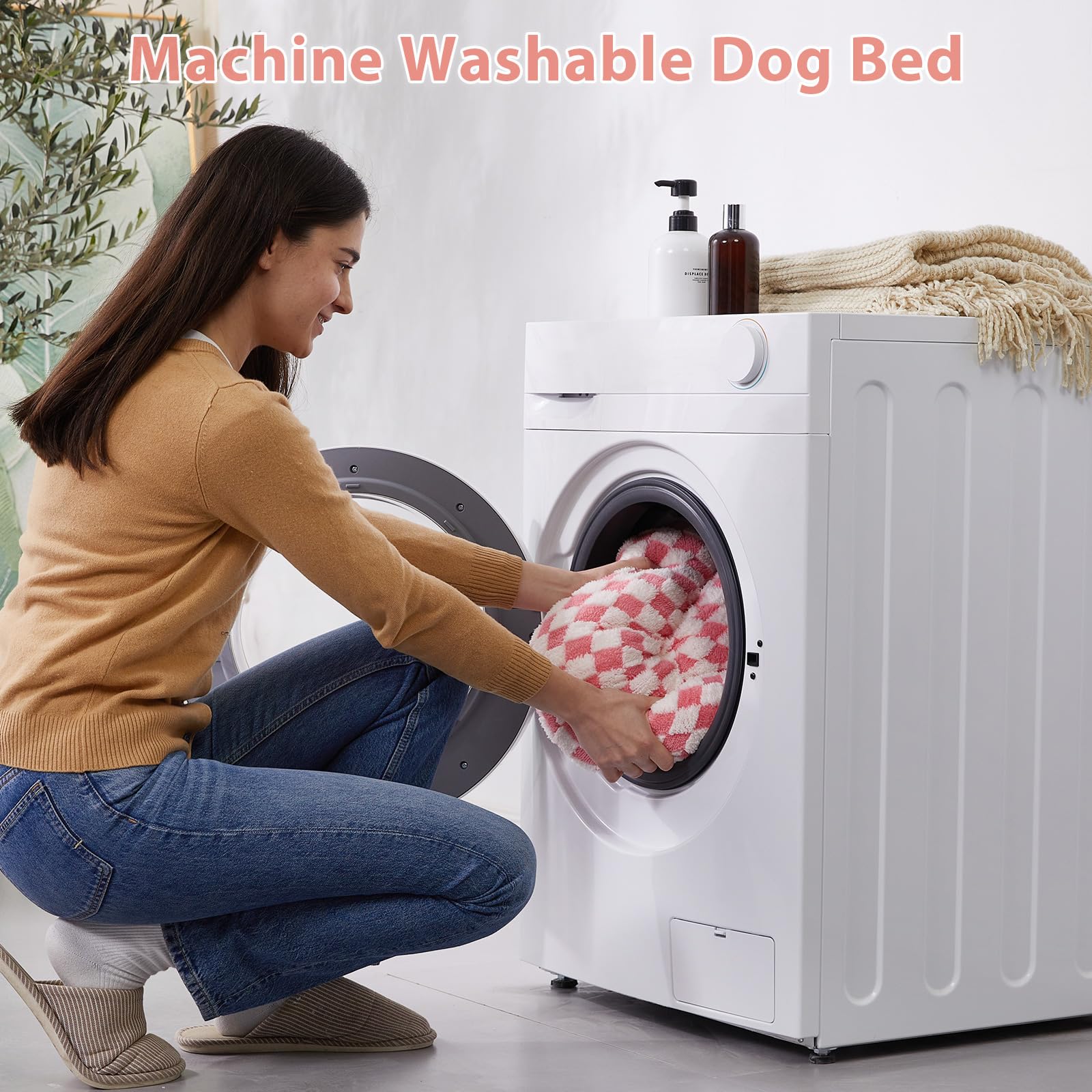 Cama de peluche BFPETHOME, rosa, material jacquard suave que abraza a la mascota.