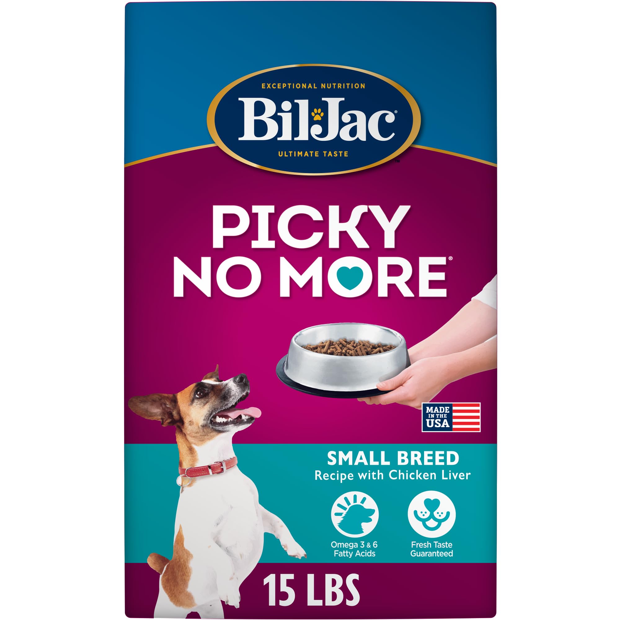 Bil-Jac Picky No More para perros pequeños con pollo real e hígado, apetito mejorado.