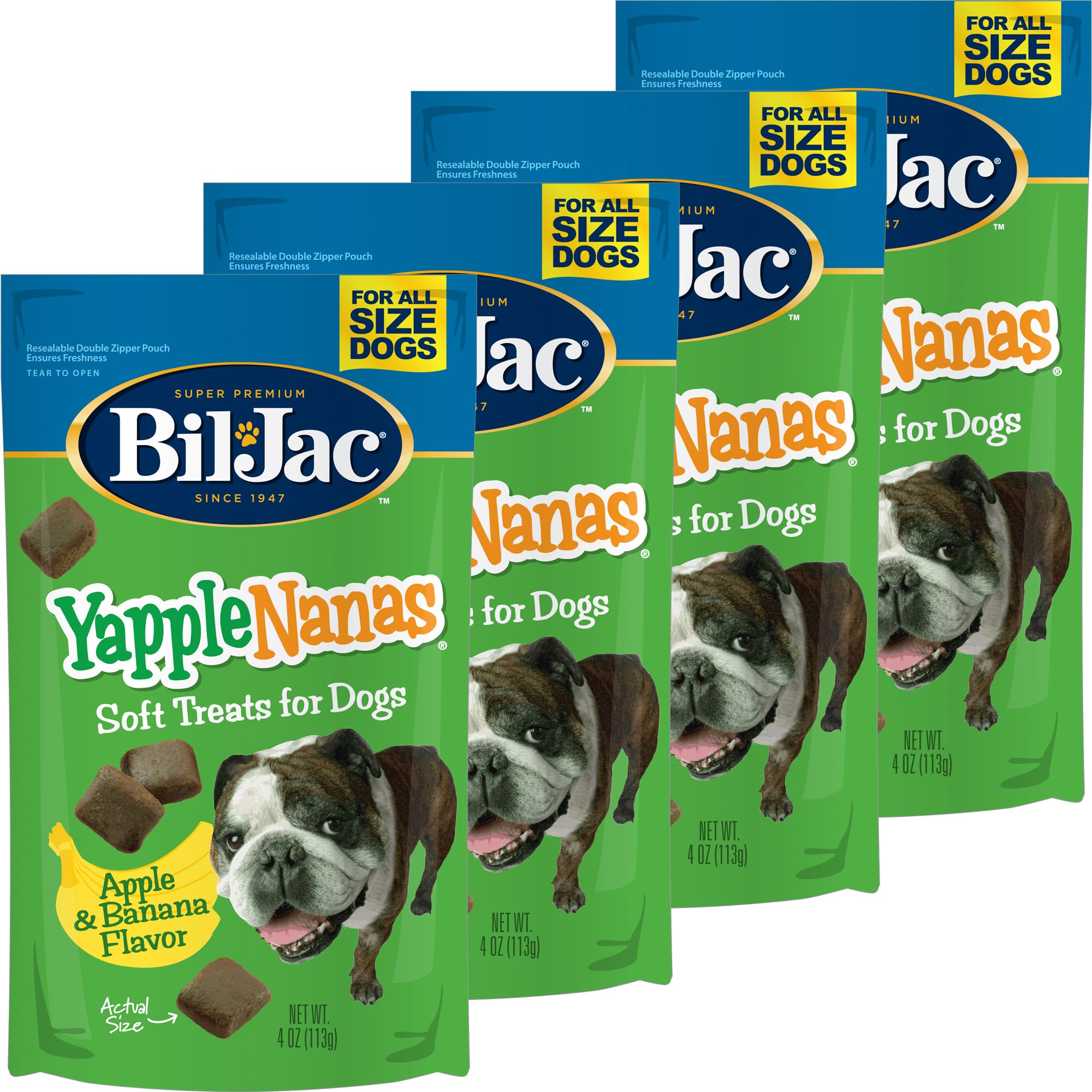 Bil-Jac Yapple-Nanas bocaditos suaves frente, premio fácil de masticar para perros activos.