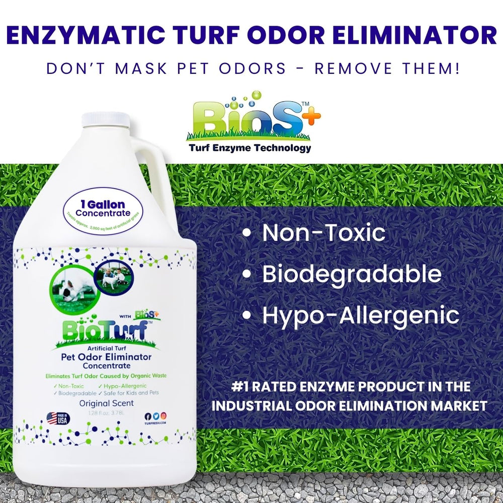 BioTurf BioS+ aplicado en césped artificial para eliminar olores.