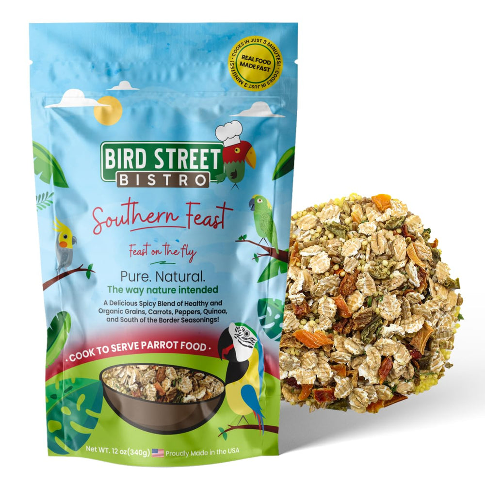 Bird Street Bistro alimento para cacatúas con mezclas nutritivas para plumas brillantes.