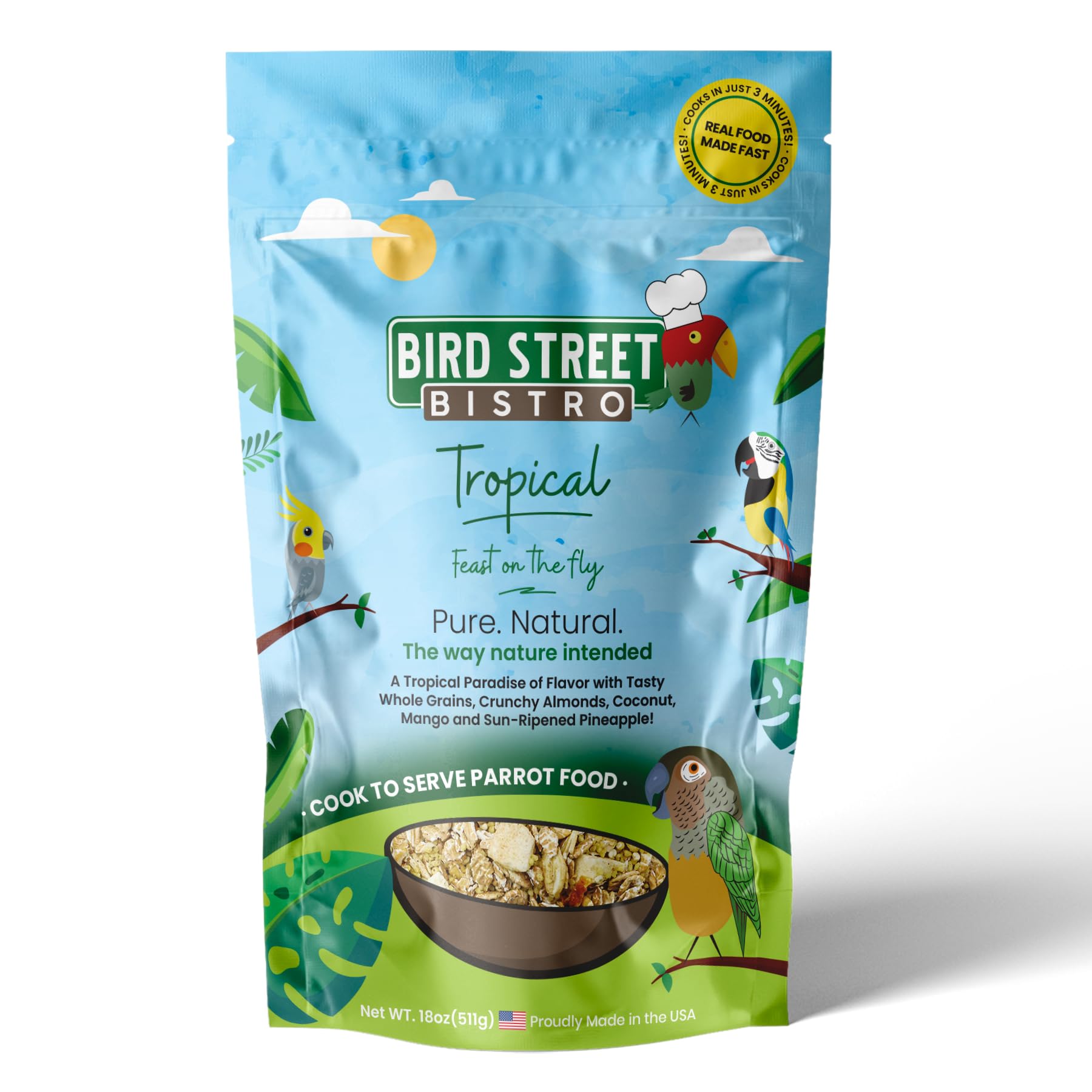 Bird Street Bistro alimento para periquitos y cacatúas, enfoque tropical para la alimentación diaria.