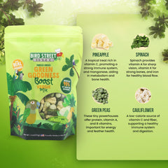 Bird Street Bistro Green Goodness, ingredientes naturales destacados para aves curiosas.