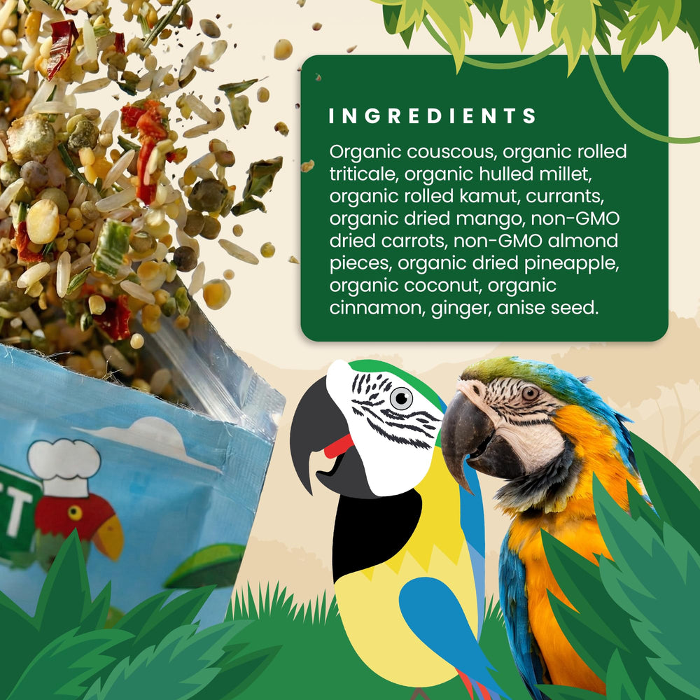 Mezcla de granos y frutas natural de Bird Street Bistro para aves.