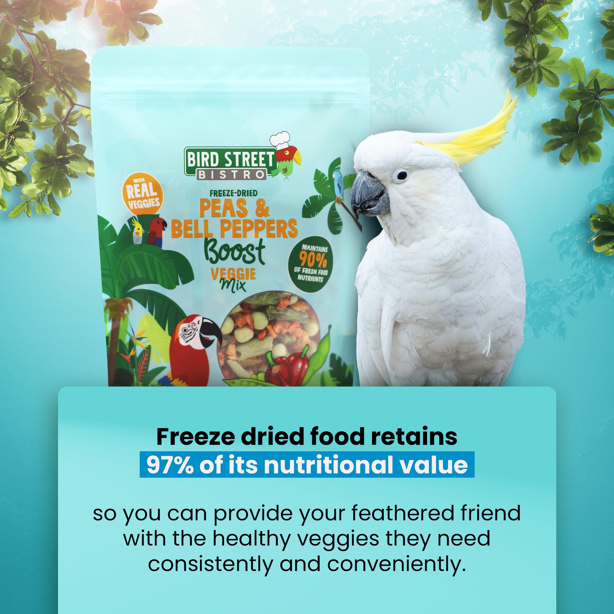 Bird Street Bistro snacks aves, guisantes y pimientos, ideal para juego y descanso