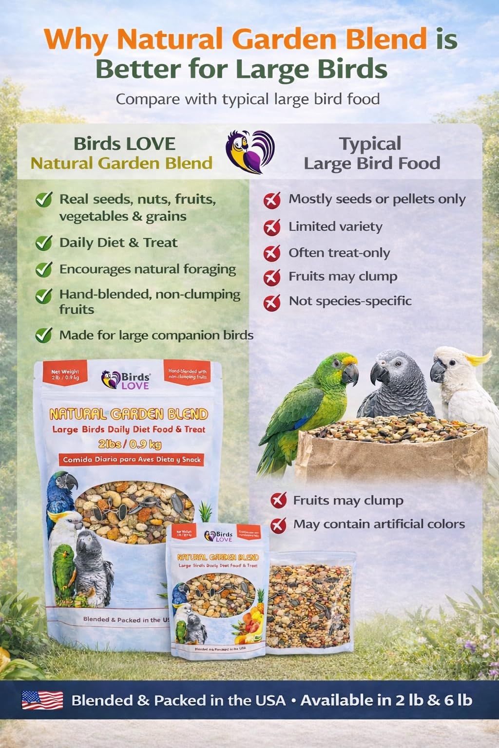 Birds LOVE mezclas artesanales, empaque sellado al nitrógeno, mantiene la frescura