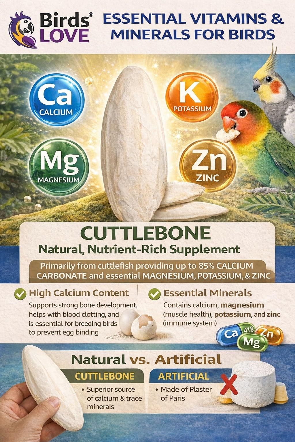 Birds LOVE cuida el pico con hueso de cuttlebone natural, fuente mineral simple.