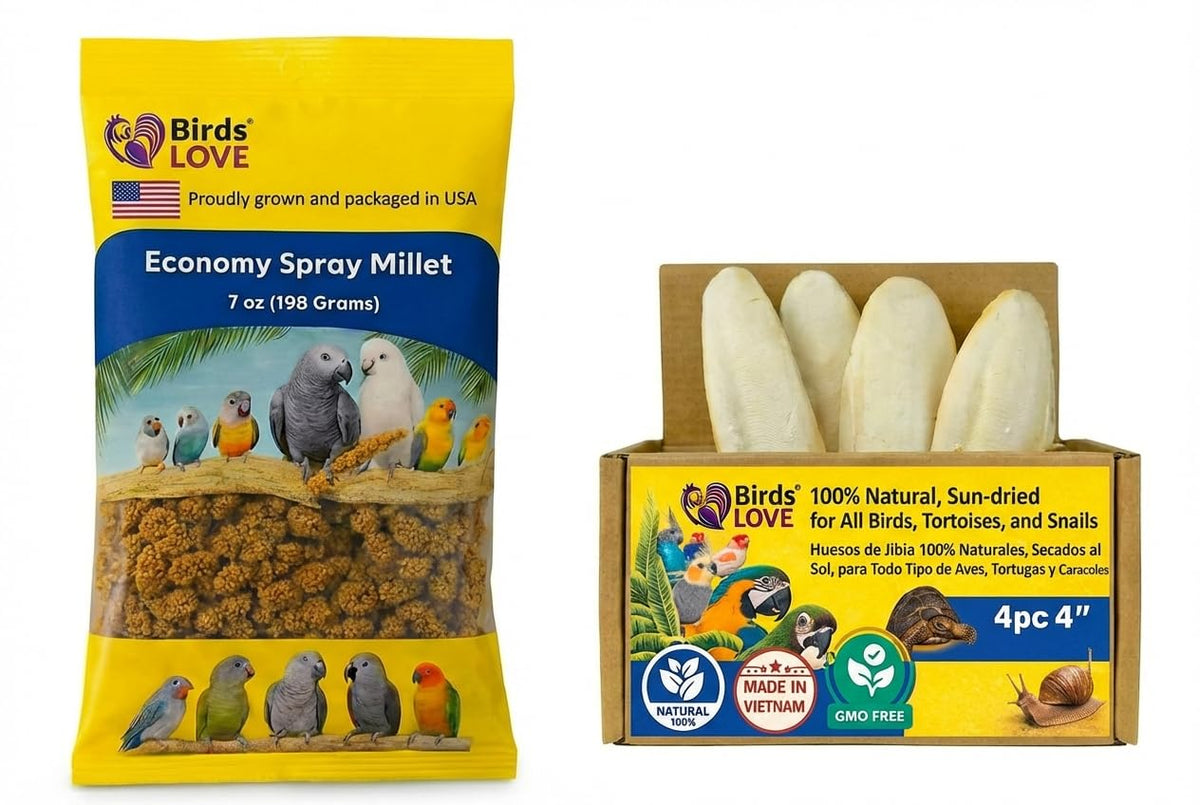 Birds LOVE Farm to Feathers mijo en spray para aves, promueve exploración y consumo natural.