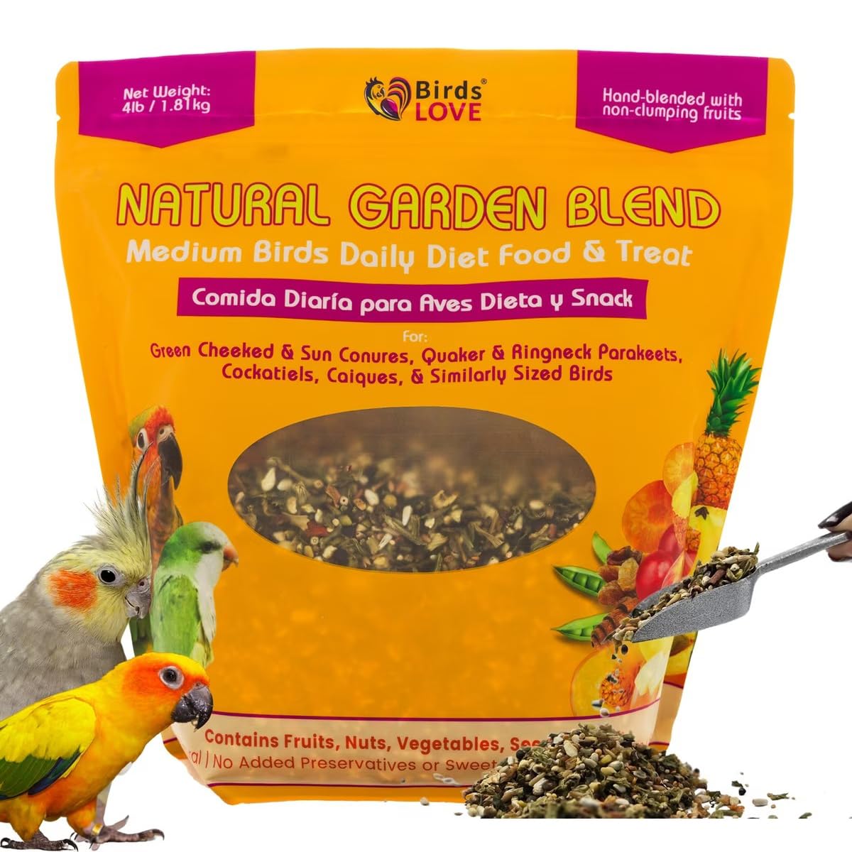 Birds LOVE mezcla jardín 4 lb: bolsa para aves medianas, almacenamiento práctico.