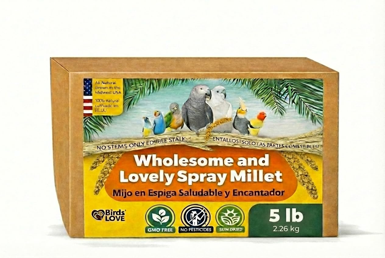 Birds LOVE mijo spray frente: empaque claro y calidad visible.
