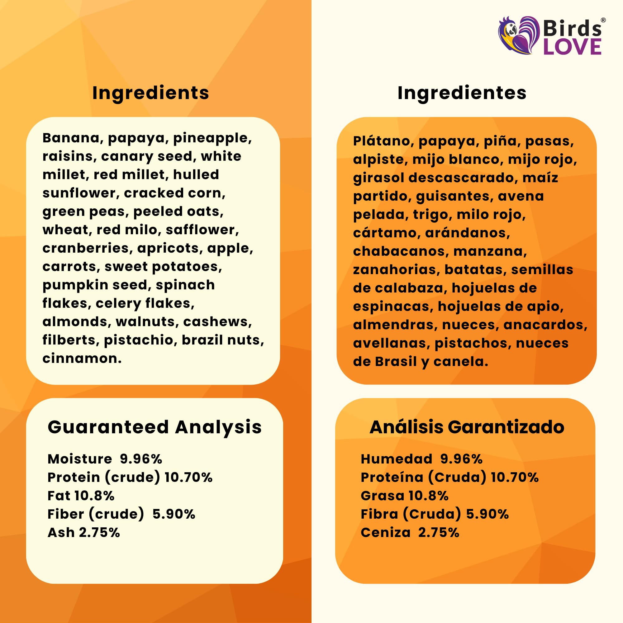 Birds LOVE sin conservantes: alimento natural sin aditivos artificiales para plumaje sano.