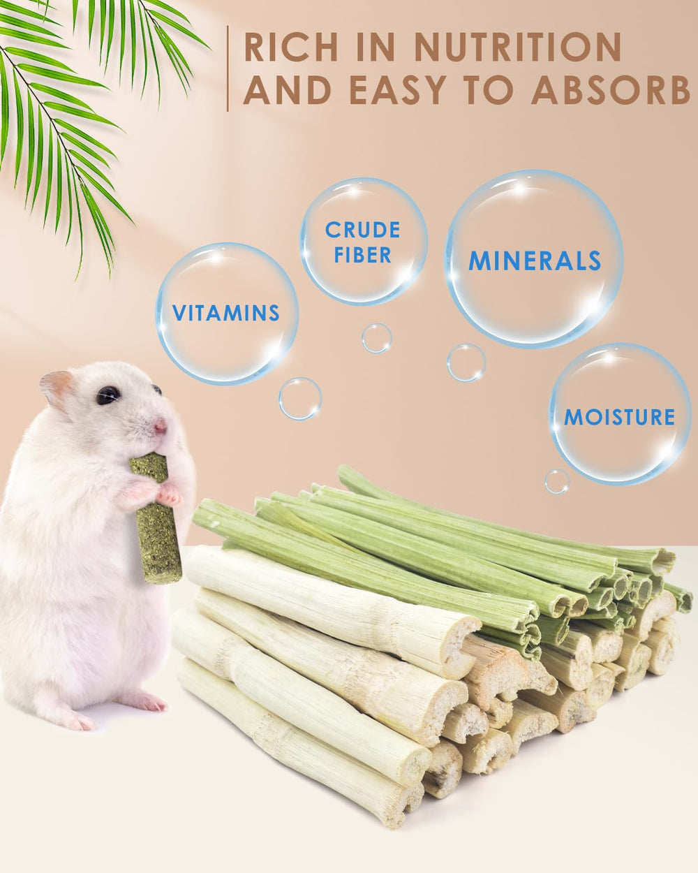 Bissap palitos para conejo de bambú y papaya, promueven masticación natural y diversión.