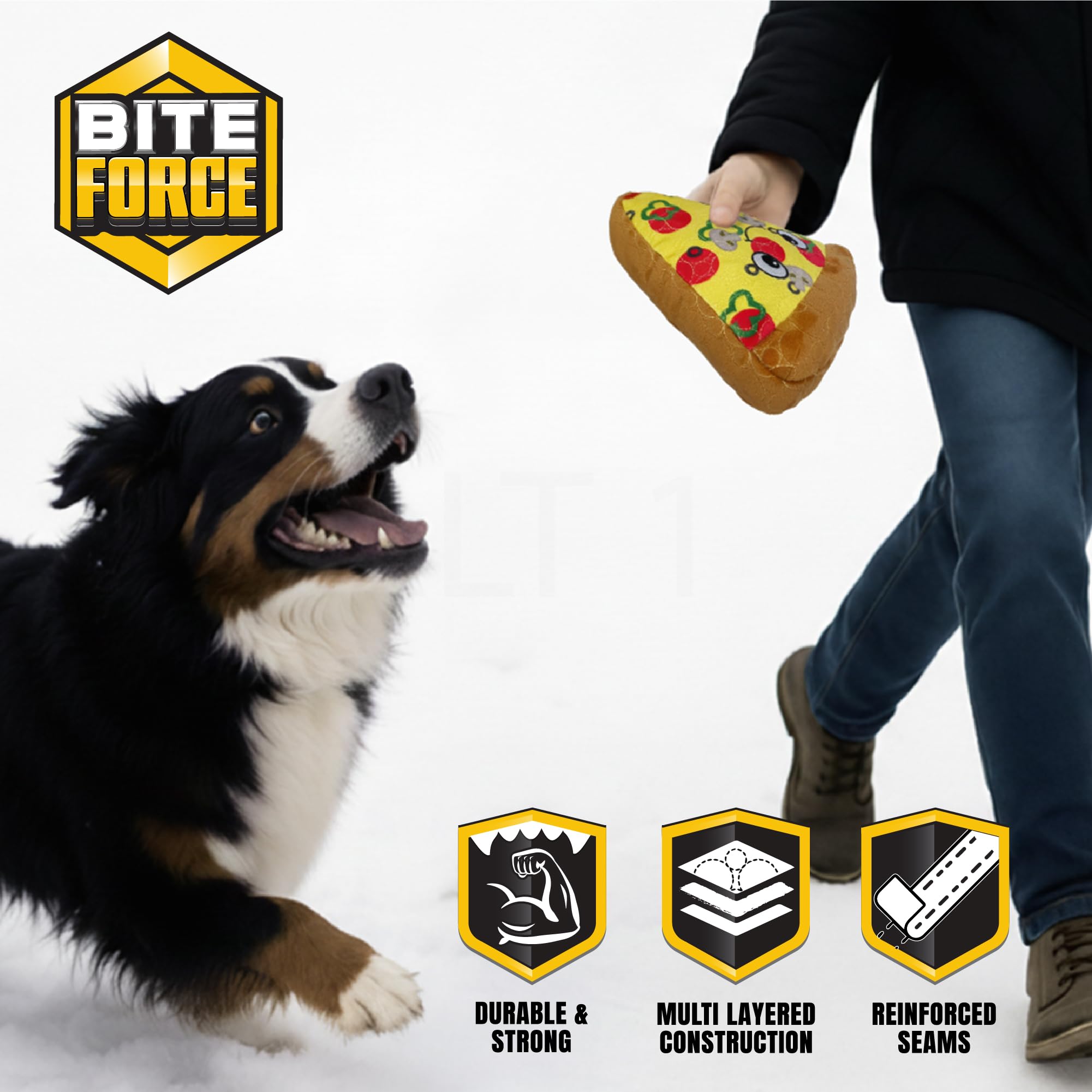 Bite Force juguete para perros talla grande en color amarillo, resistente para masticación intensa.