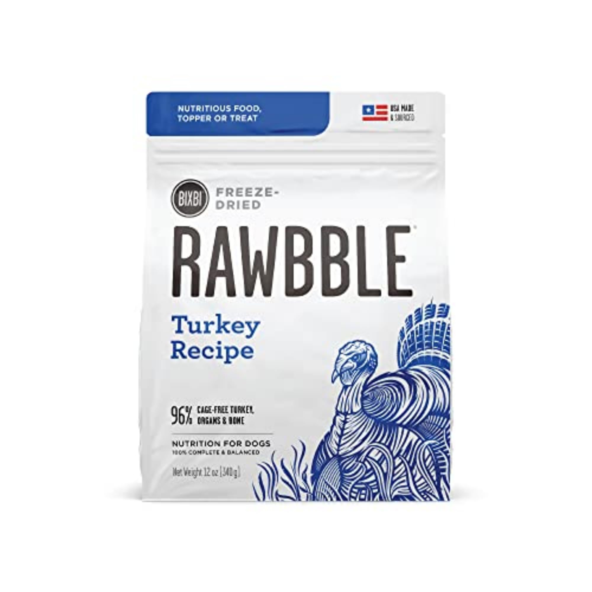 BIXBI Liberty alimento liofilizado de pavo en envase, práctico sin refrigeración.