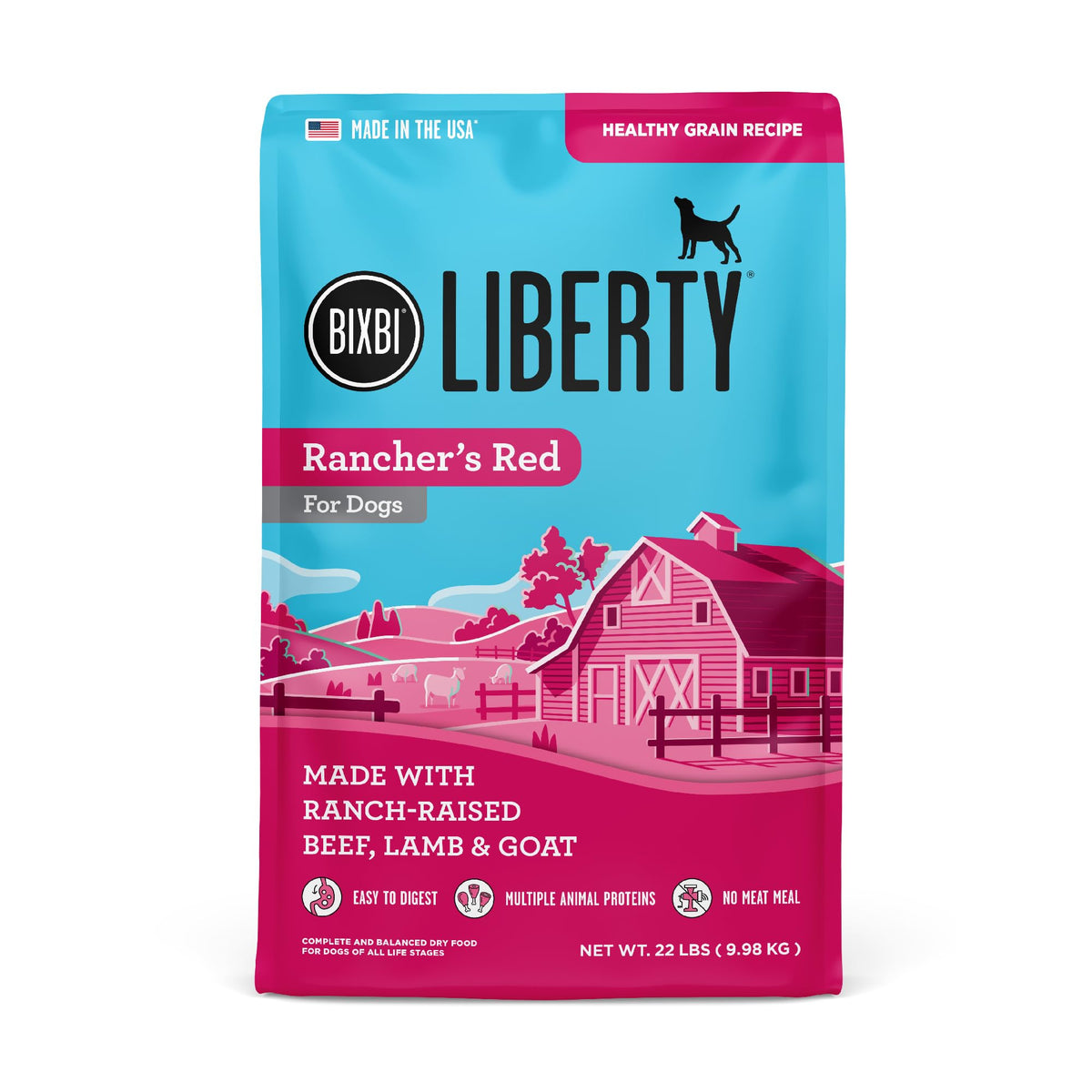 BIXBI Liberty, empaque de croquetas con granos antiguos y sabor natural.
