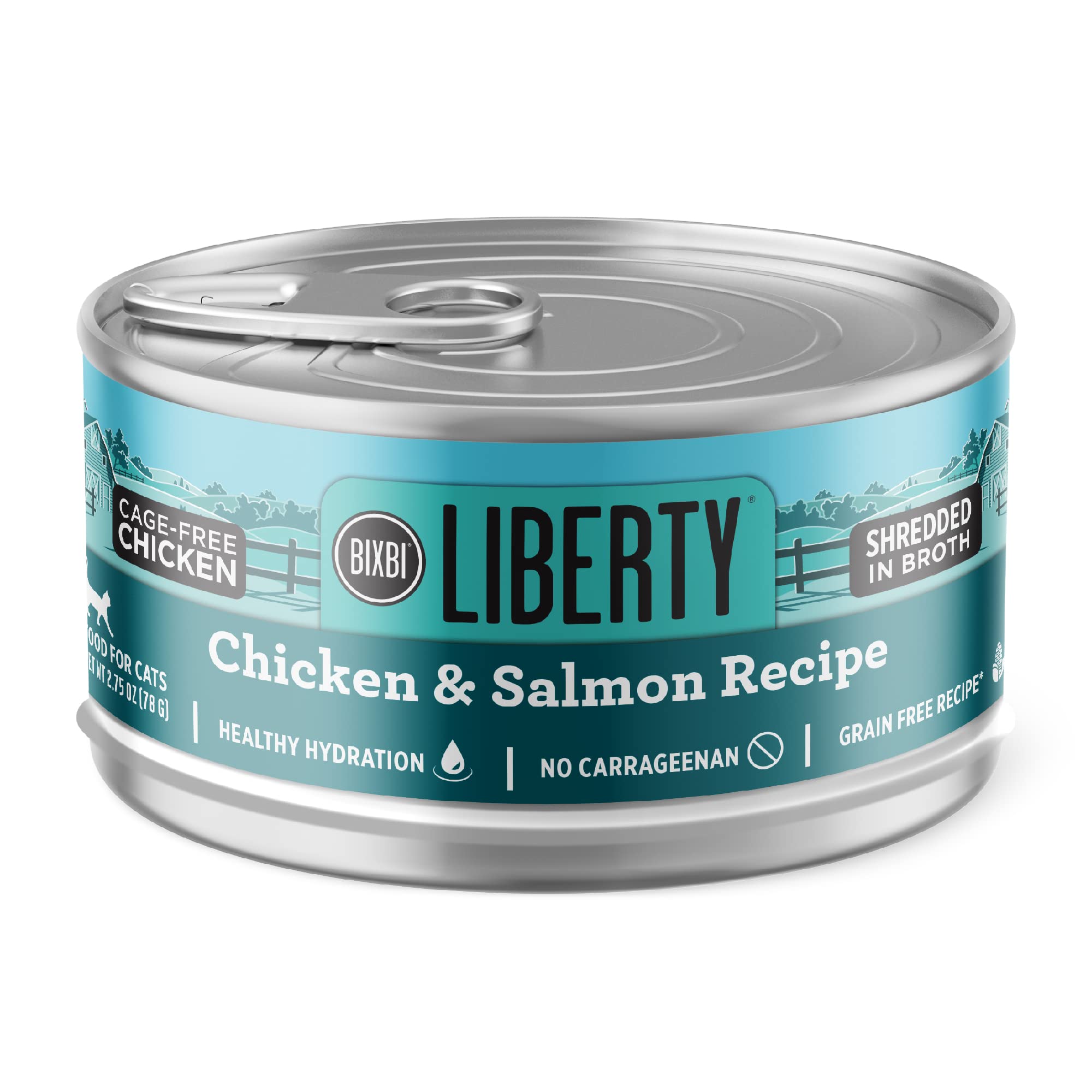 BIXBI Liberty lata con salmón y pollo en caldo, ayuda a la hidratación del gato.