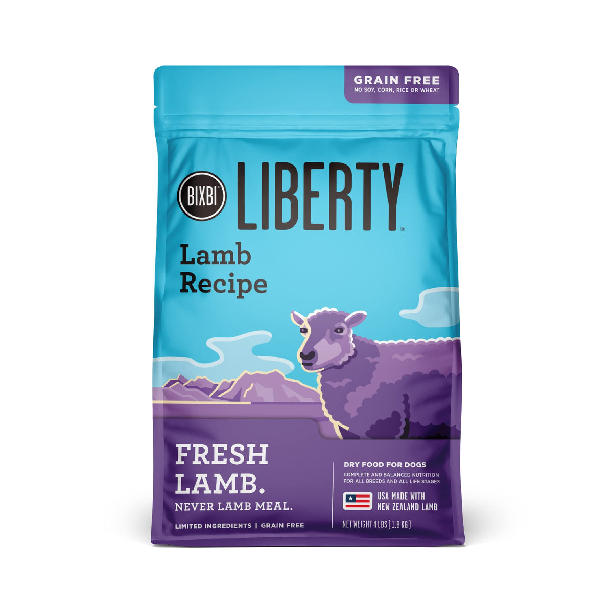 BIXBI Liberty croquetas sin granos de cordero para perros, nutrición natural.
