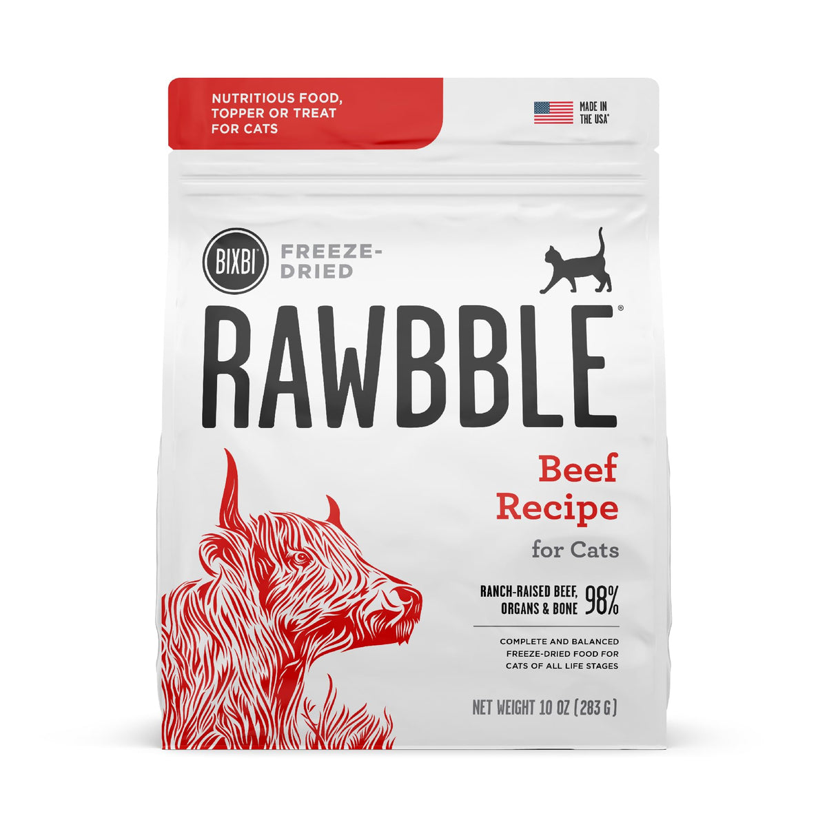 BIXBI RAWBBLE, alimento crudo de res liofilizado para gatos, fuente de proteína de alta calidad.