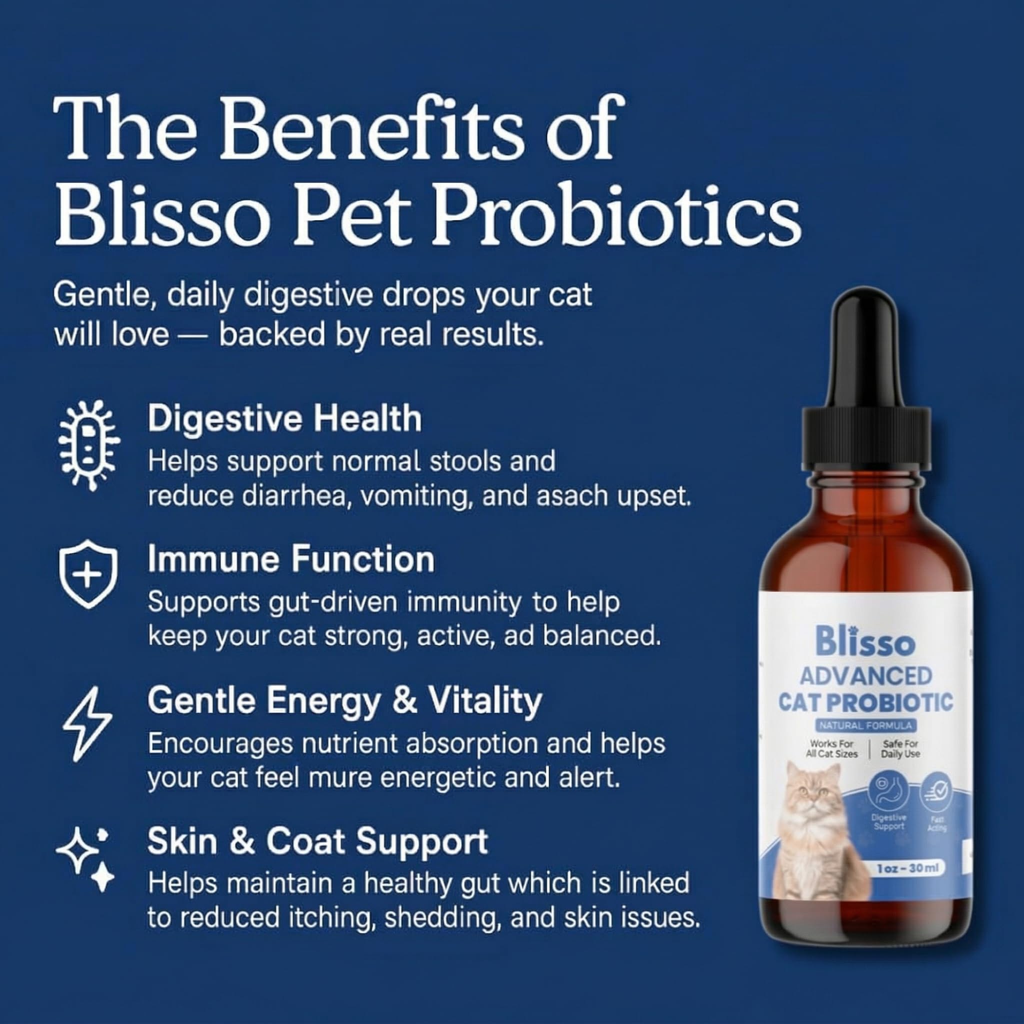 Blisso Gotas Probióticas para Gatos, añadirlas a la comida diaria.