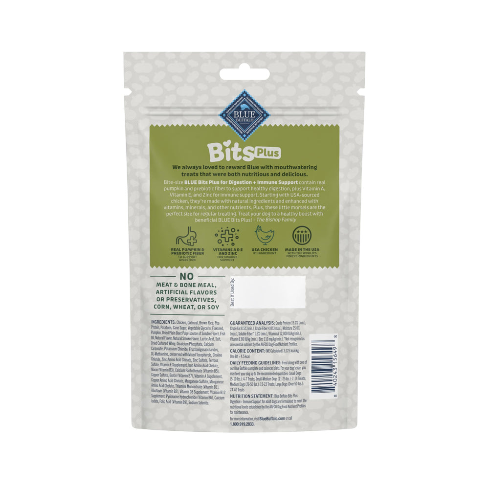 Blue Buffalo Blue Bits Plus: trocitos suaves de pollo y calabaza para snack diario.