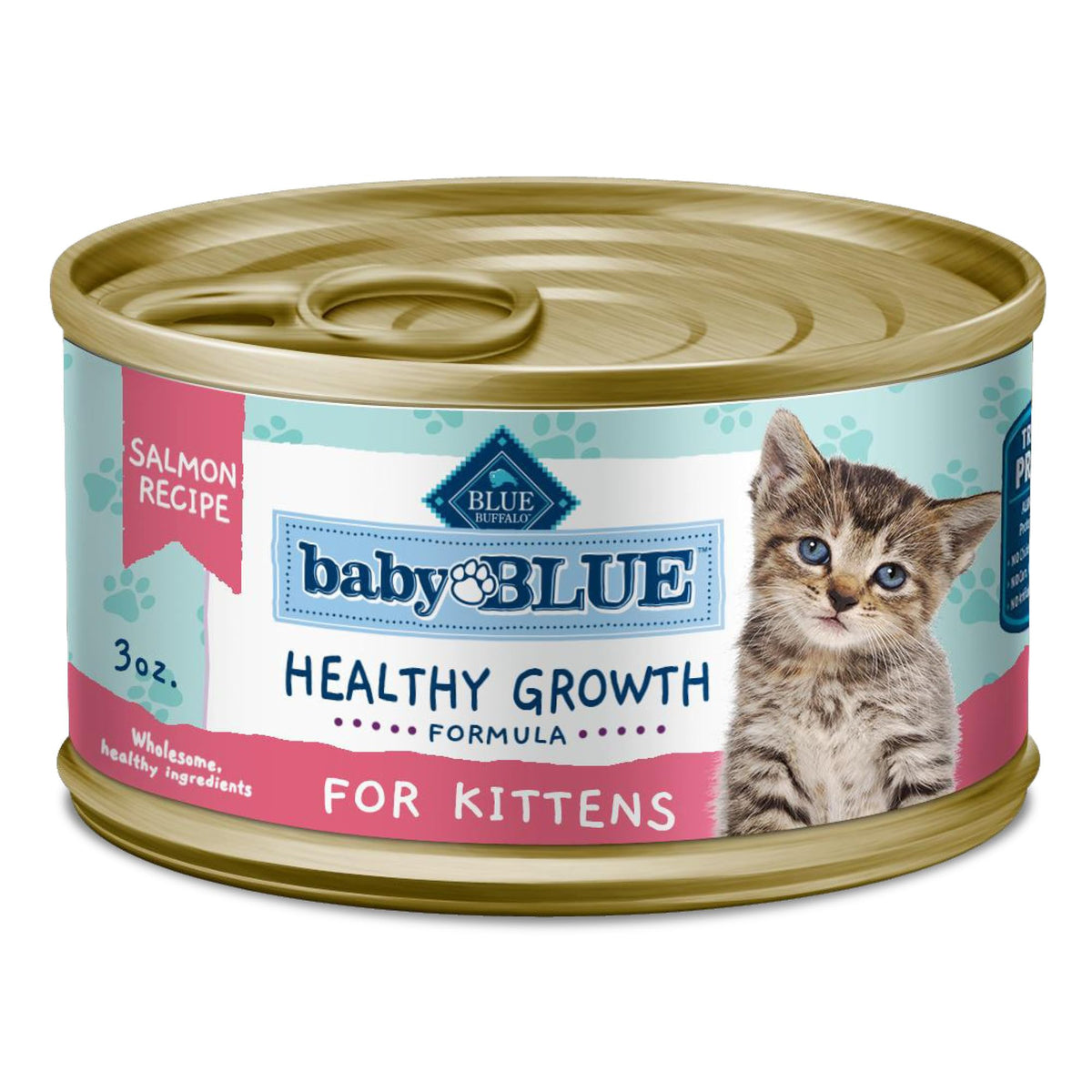 Blue Buffalo Baby BLUE lata de salmón paté para gatitos, primer ingrediente.
