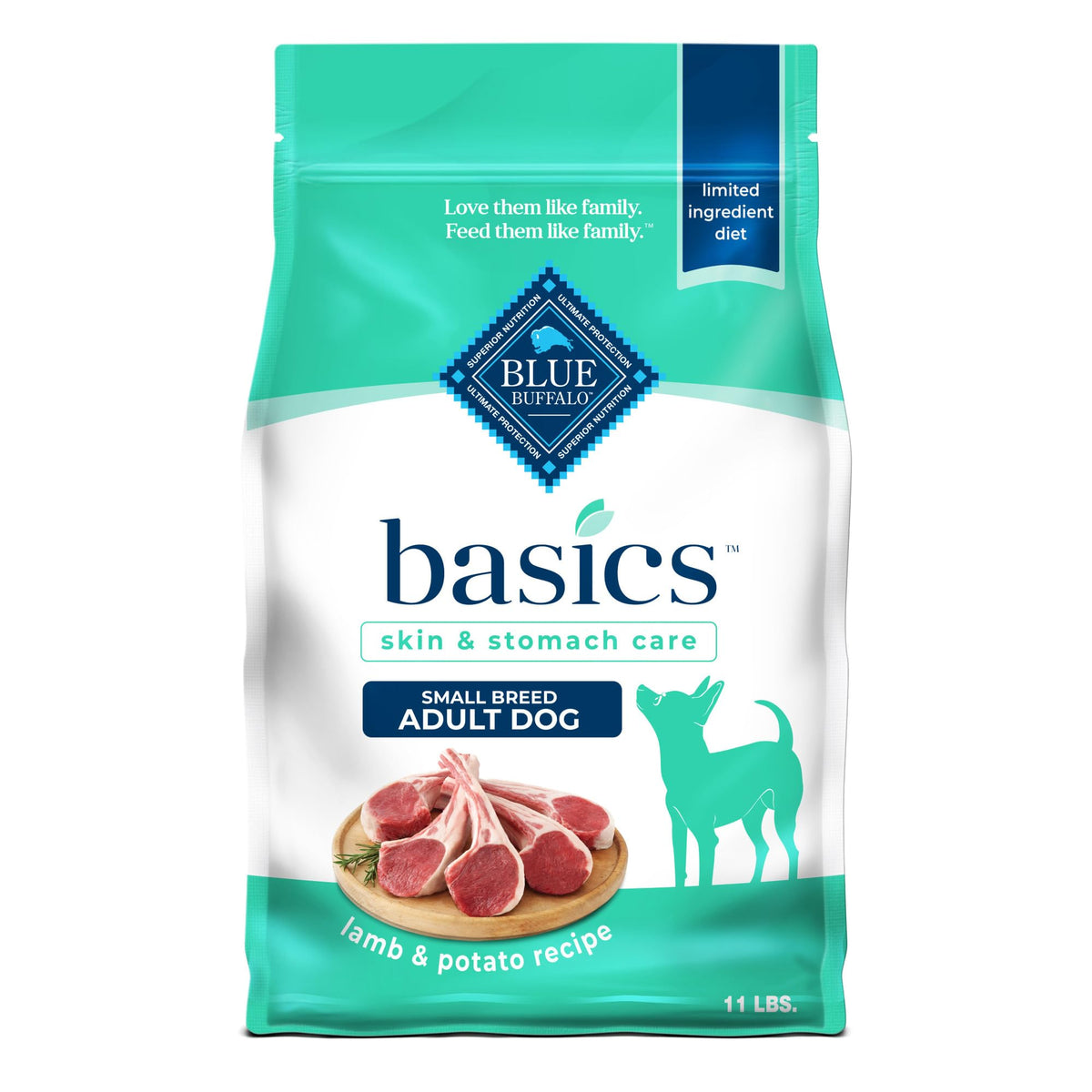 Blue Buffalo Basics, cordero primer ingrediente para perros pequeños, apoyo digestivo suave.