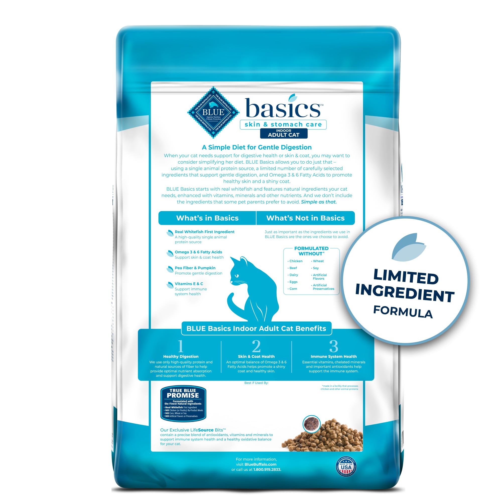 Blue Buffalo Basics: fibra de guisante y calabaza para digestión suave.
