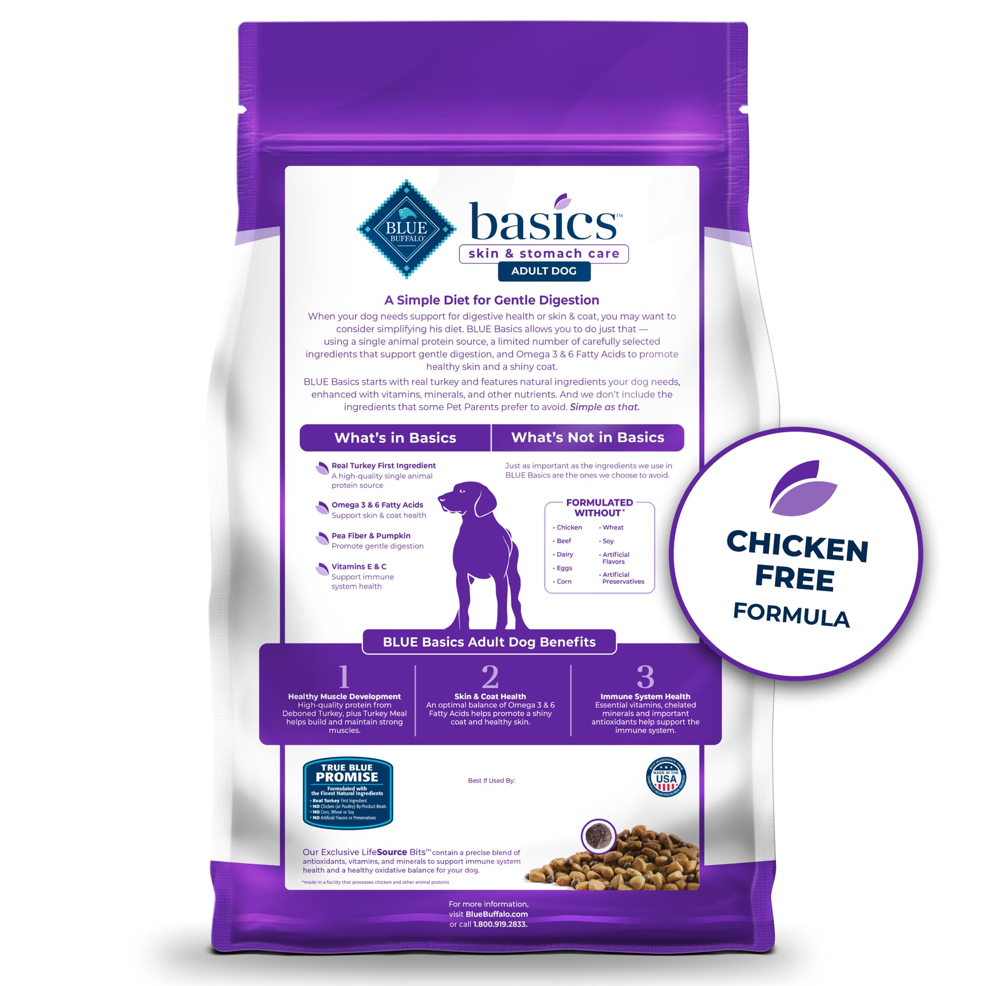 Fórmula para perros adultos de Blue Buffalo Basics para digestión suave.