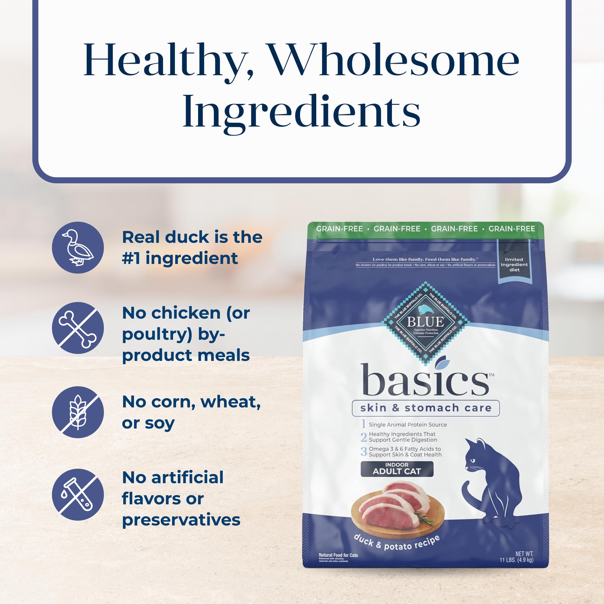 Blue Buffalo Basics Gato: carbohidratos fáciles de digerir con papa y guisantes.
