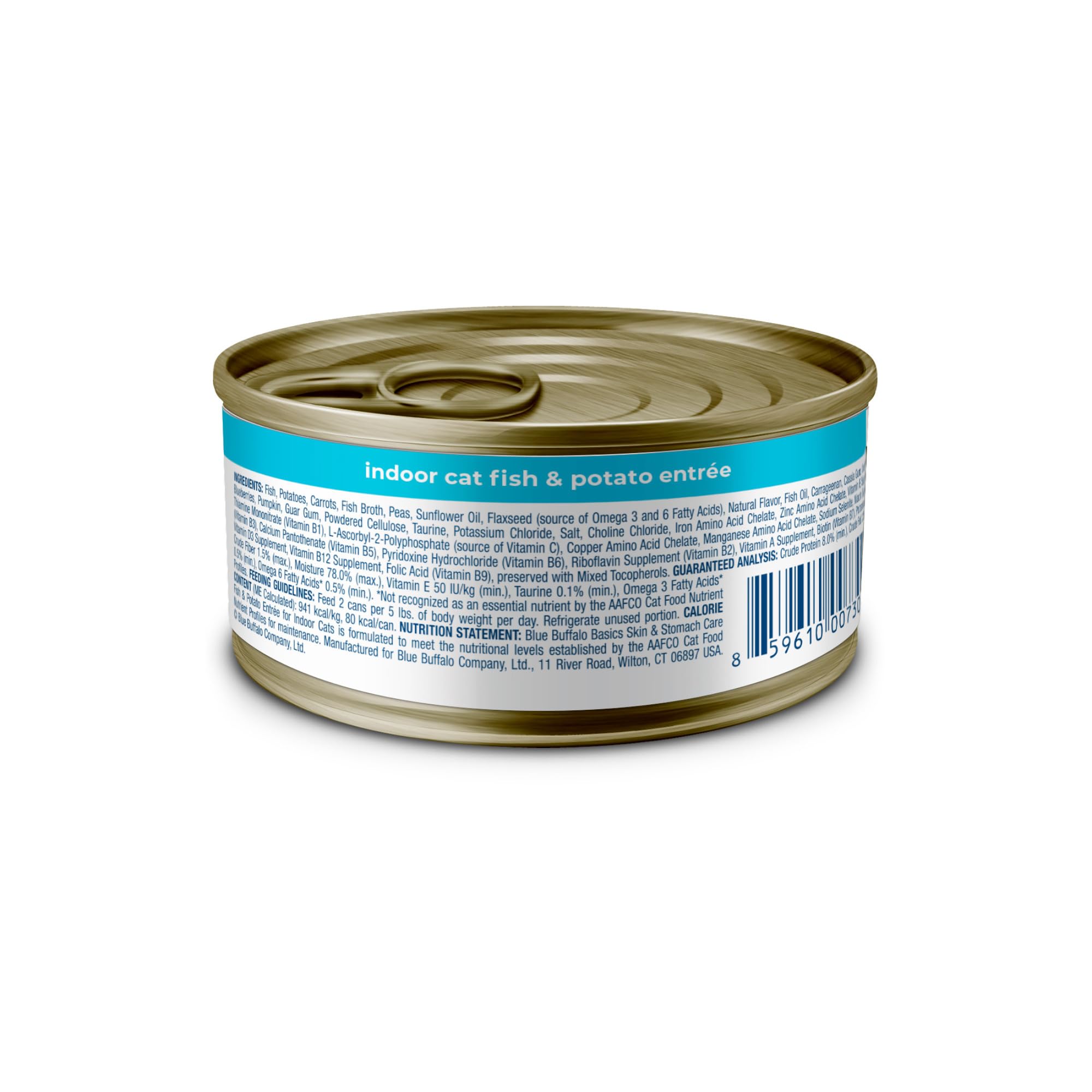 Blue Buffalo Basics: etiqueta muestra ingredientes clave para digestión suave.