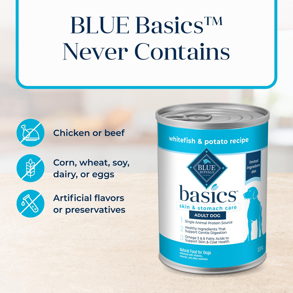 Blue Buffalo Basics, latas de 12.5 oz, conveniencia para alimentación diaria.