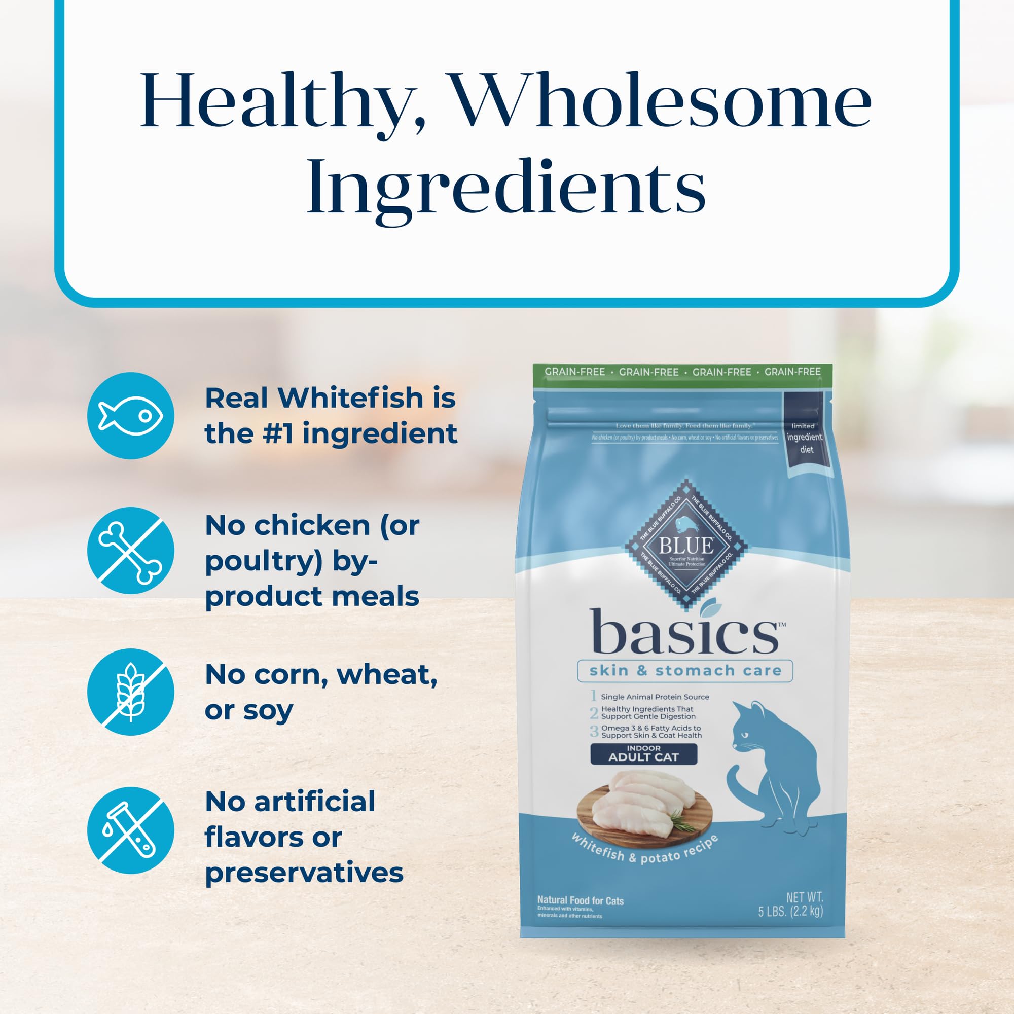 Blue Buffalo Basics: Omega-3 y Omega-6 para pelaje brillante.